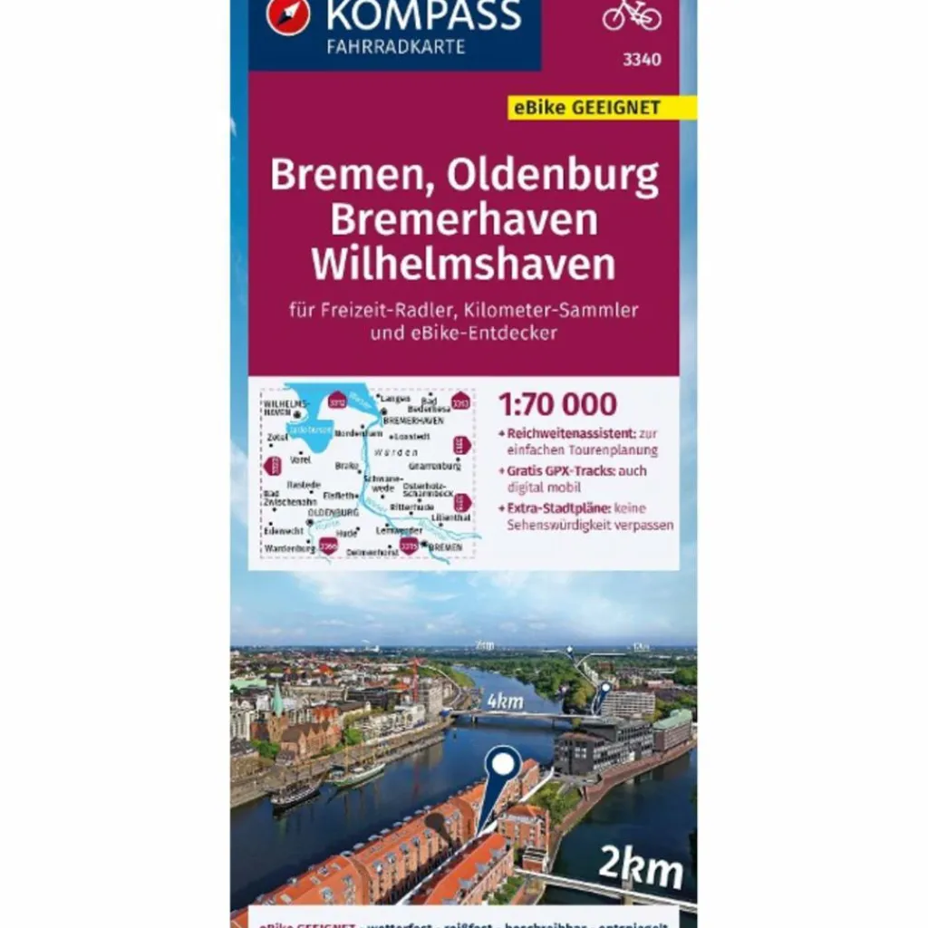 KOMPASS FAHRRADKARTE 3340 BREMEN, OLDENBURG, BREMERHAVEN^ Fahrradkarten|Fahrradkarten