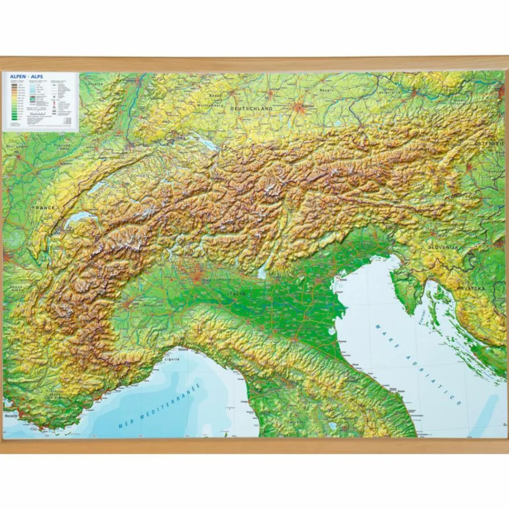 RELIEF ALPEN 1:1.2MIO MIT NATURHOLZRAHMEN - Wand Karte^ Wandkarten Und Poster